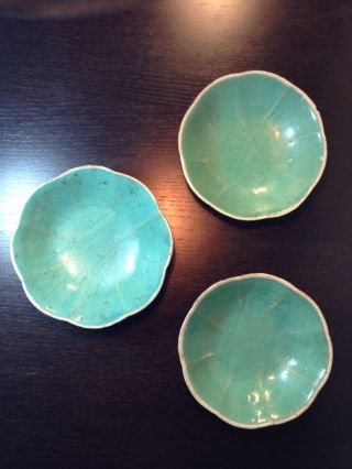 C1910 Antique Chinese Porcelain Signed Bowl Set Of 3 Scallop Floral Rim