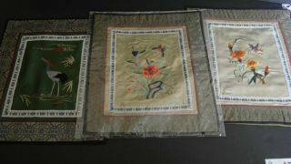 3 Vintage Chinese Hand Embroidered Silk Panels Doilies Textiles Embroideries