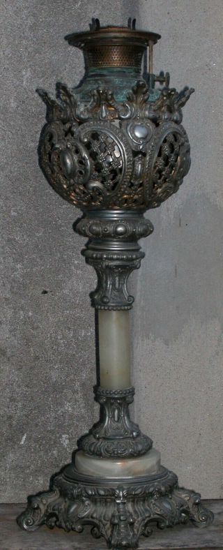 Antique B&h Bradley Hubbard Banquet Oil Lamp Marble Ornate Silver Filagree 24 "