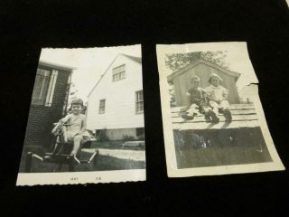 Two 1950s Vintage Photos Little Girl On Hobby Horse And Brother On Rooftop