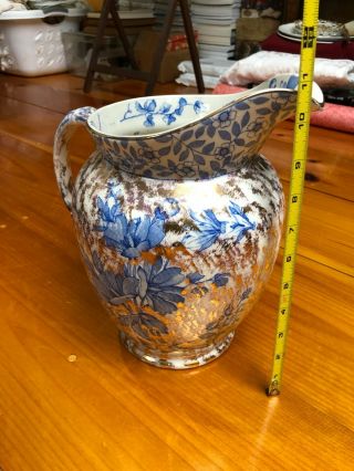 Antique Large Porcelain Blue & Gold Floral Water Pitcher