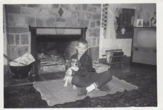 Vintage Photo Cute Little Boy Hugging Pet Beagle Dog By Fireplace