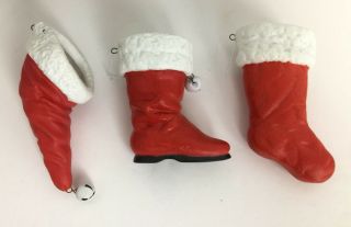 Set Of 3 Dept 56 Red Santa Boot,  Hat & Stocking Ornaments Vintage 3.  5 " Tall
