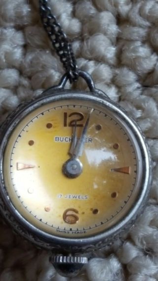 Vintage Bucherer 17 Jewel Crystal Ball Pendant Watch On Chain.  Keeps Good Time