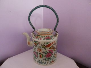 Antique Chinese Porcelain Birds Flowers & Butterflies Design Teapot Has Damage