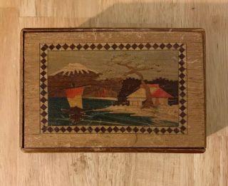 Vintage Wooden Inlay Japanese Wood Puzzle Box Mt Fuji Flowers