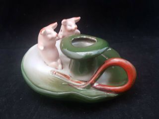 Rare Victorian Pig Fairing 2 Pigs Sat On Lily Candleholder German Porcelain