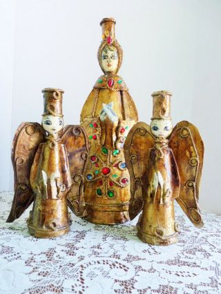 3 Vintage Rare Mexican Folk Art Doll Paper Mache De Sela 16 " Angel Candlesticks