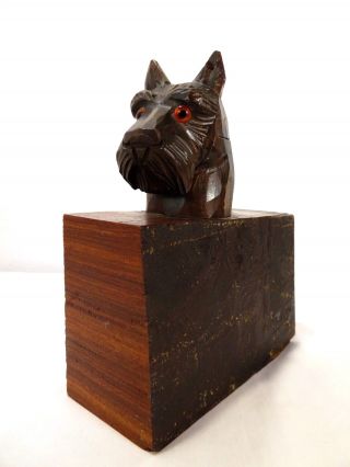 Antique Black Forest Wood Carved Scottie Dog Inkwell & Bookend Terrier Head Art