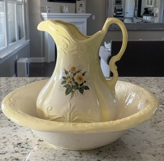 Vintage Ironstone England 1890 Large Water Pitcher And Wash Basin Bowl Yellow