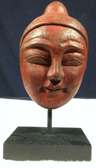 Wooden Buddha Head Statue 10.  5 " Vintage Red And Black Meditating/black Stand