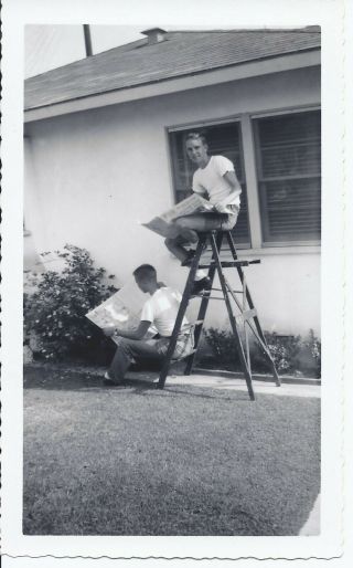 620p Vintage Photo Two Young Men Sitting On A Ladder Reading Newspapers Johnson