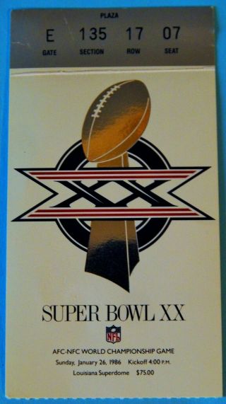 1986 Bowl Xx Chicago Bears Vs Patriots Ticket Nfl Vtg