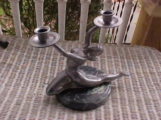 Art Nouveau Candle Holder,  Pewter Nude Woman Marble Base Circa 1920/30s