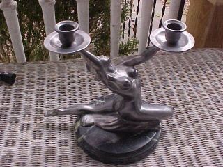 ART NOUVEAU CANDLE HOLDER,  PEWTER NUDE WOMAN MARBLE BASE Circa 1920/30s 2