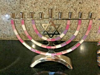 Hanukkah Menorah 9 Branches Star Of David Jewish Pink Purple Shades