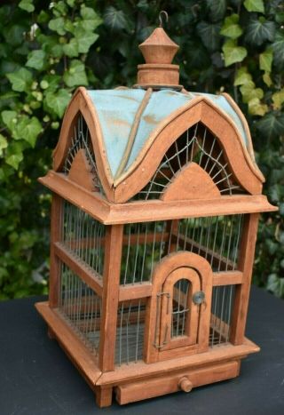 Vintage Wood Bird Cage Metal Rare Vaulted Tin Roof Ornate Inserts Arched Door