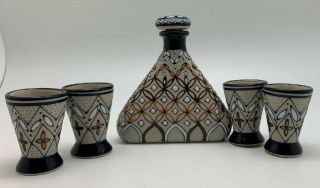 Javier Servin Mexico Art Pottery Bottle With Stopper 4 Small Cups