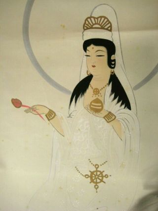 ANTIQUE JAPANESE (c.  1920) SIGNED HAND PAINTED QUAN YIN SILK SCROLL 3