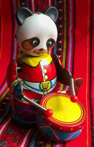 Panda - Vintage Metal Tin Wind - Up Toy With Drum,  Drumsticks And Key 309 Ms 566