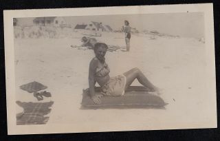 Antique Photograph Sexy Young Woman In Bathing Suit Sitting On Raft Of The Beach