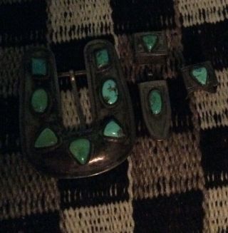 Navajo Turquoise And Silver Belt Buckle Complete Vintage