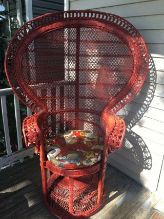 Vintage Wicker Chair Peacock Fan Back,  Throne,  Red With Cushion