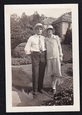 Antique Vintage Photograph Man With Hat Standing With Flapper Woman