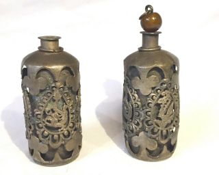 2 Antique Chinese Export Silver Plated Brass Snuff Bottle Dragon Phoenix Motif