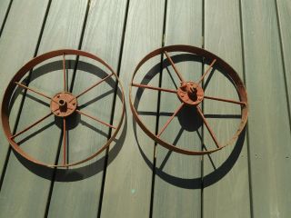 2 Antique Vtg Industrial Cast Iron Metal Farm Wagon Cart Spoked Wheels Steampunk