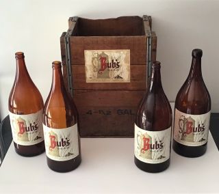 Vintage Wooden Bub’s Beer Picnic Bottle Beer Case & 4 Labeled Picnic Bottles