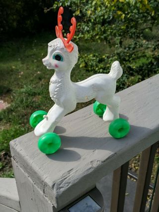 Vintage Empire Blow Mold White Reindeer Plastic Pull Toy On Green Wheels
