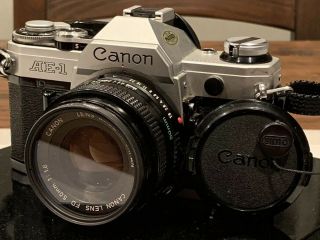 Vintage Canon Ae - 1 Slr 35mm Film Camera With Fd 50mm F1.  8 Canon Lens & Canon Cap