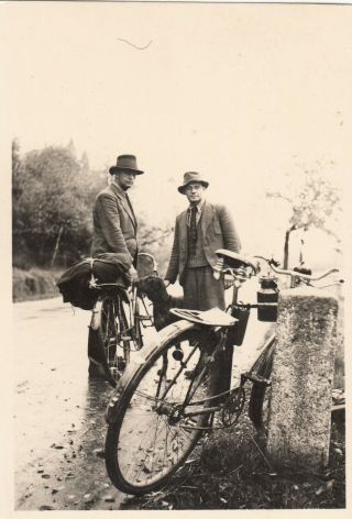Vintage Photo 2 Men Posing With Old Bicycles Near City Road Traveling Bikes