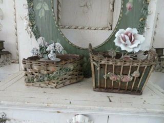 2 Gorgeous Old Vintage Small Wicker Barbola Baskets Roses Flowers Front & Back