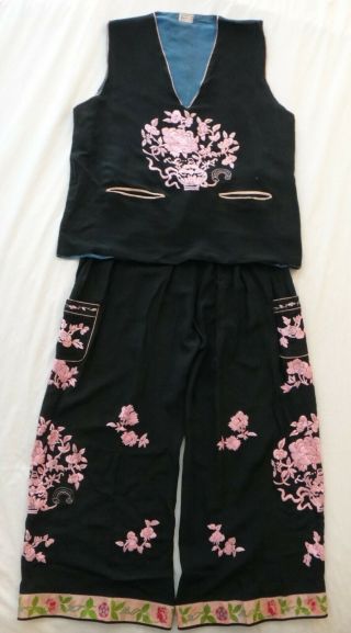 Vintage Chinese Embroidered Woman’s 2pc.  Black Fabric W/ Silk Pink Floral