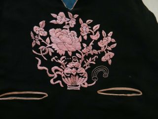 Vintage Chinese Embroidered Woman’s 2pc.  Black fabric w/ silk Pink Floral 3