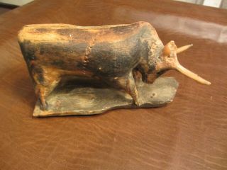 Vintage Antique Old Folk Art Carved Wood Long Horn Steer Cattle Bull Sculpture