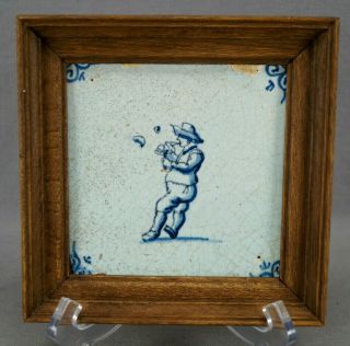 Framed Hand Painted Blue Man Blowing Bubbles Delft Tile Circa 1680 - 1720