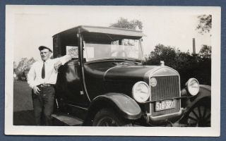Vintage Found Photo Snapshot Ca.  1926 Young Man Ford Model " T " Coupe W Il License