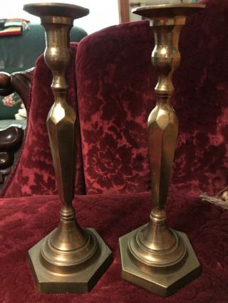 Pair Vintage Brass Candlestick Holders Pillar Taper Candle Square Base 9” Tall