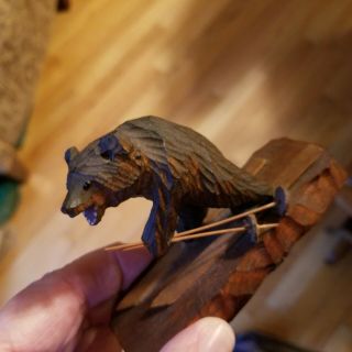 Vintage Black Forest Carved Wooden Bear On Skiis.  Wonderful Details And Age.  Nr