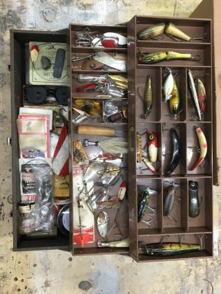 Vintage Kennedy Tackle Box Full Of Fishing Lures Heddon,  Creek Chub & More