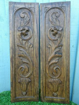 Pair: 19thc Gothic Wooden Oak Panels With Gargoyle Head Carvings C1880s