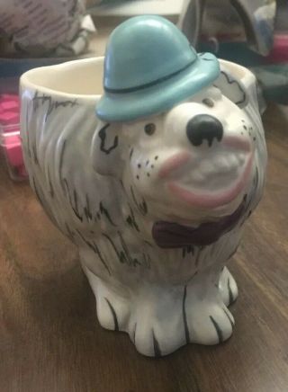 Signed 1991 Tom Hatton Large Dog Coffee Cup Mug Blue Hat Wide Toothy Smile