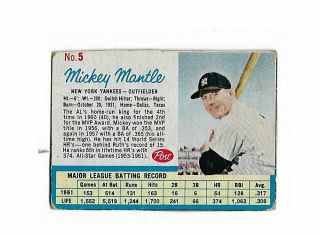 Vintage 1962 Post Cereal Baseball Card Mickey Mantle Yankees 5 F/g Tickets Ofr