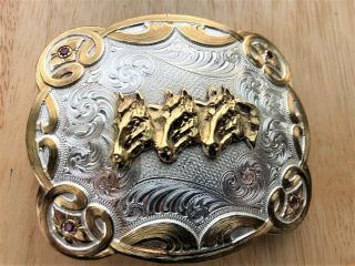 Montana Silversmiths Sterling Silver Plated Belt Buckle With 3 Horses