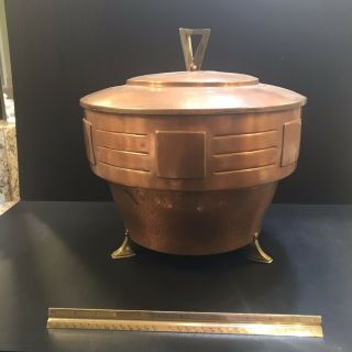 Vintage Art Deco Copper & Brass Shell Lidded And Footed Decorative Pot 14”