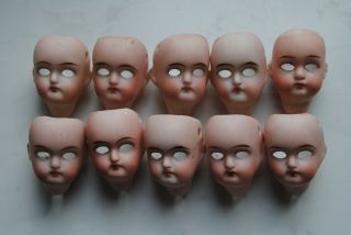 10 Antique German Bisque Doll Heads For Glass Eyes,  Marked