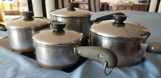 Set Of 4 Vintage Revere Ware Copper Bottom Sauce Pans Pots With Lids